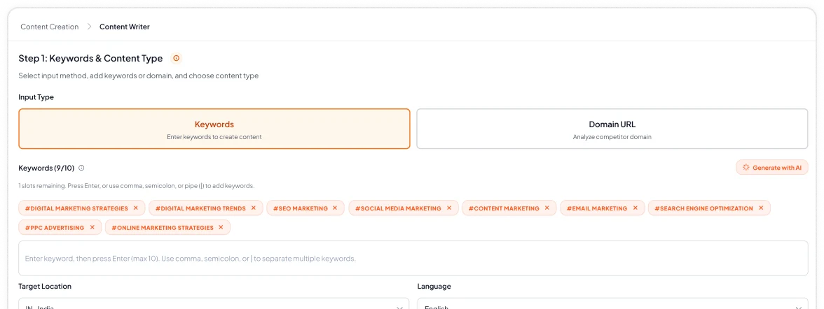 Define Your Topic - Add keywords, domain or content