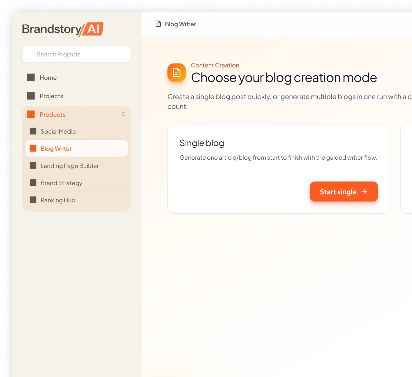 Blog Writer interface showing blog creation mode and workflow options