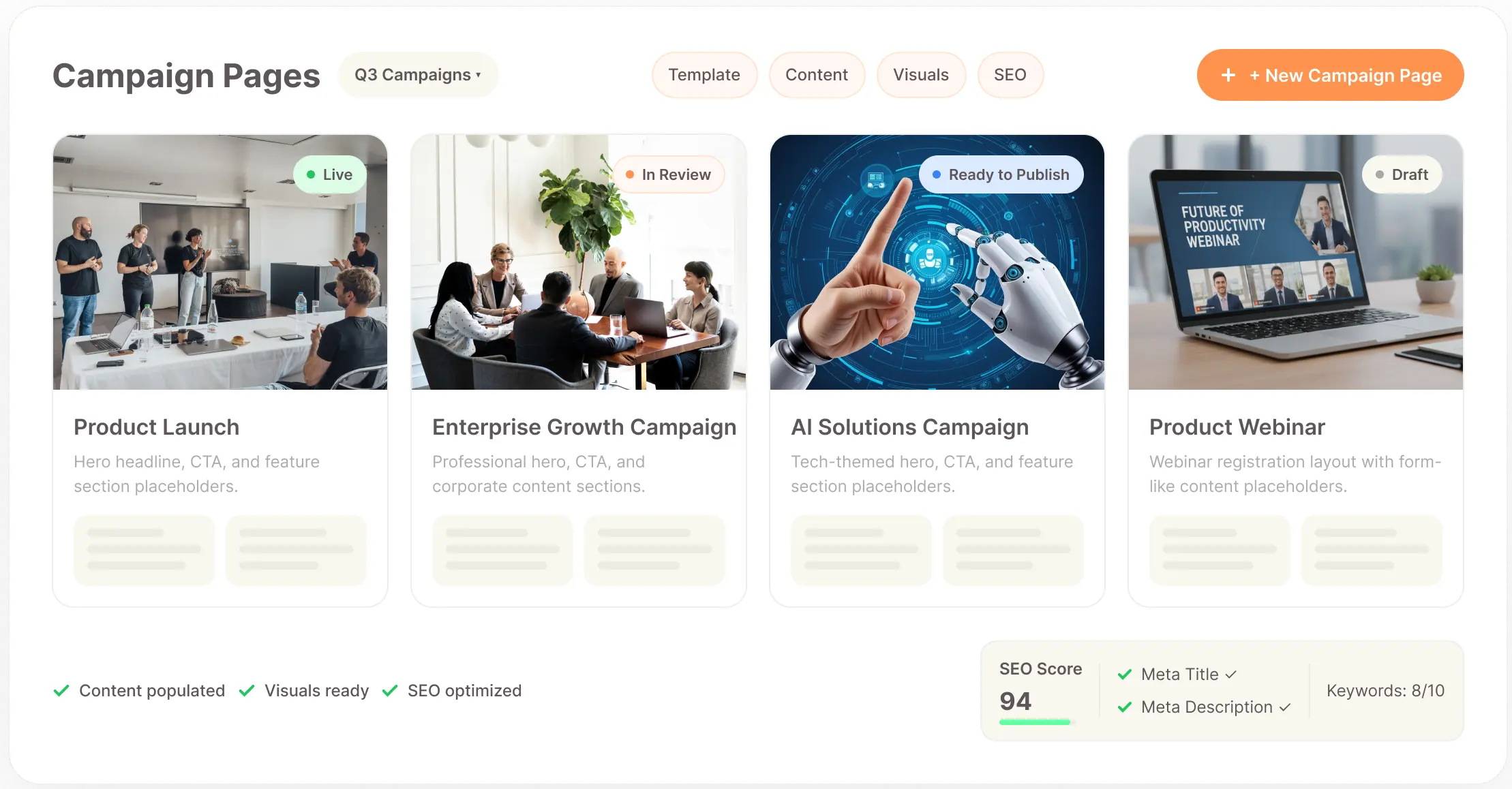 Campaign Landing Pages Interface