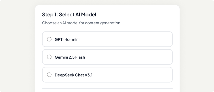 AI Content Generation - Select AI model for content