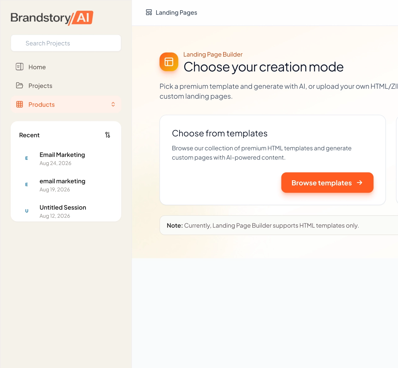 Landing Page Builder interface showing creation mode and templates