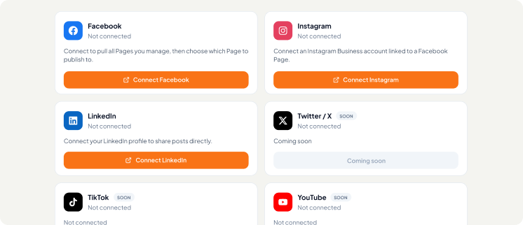 Multi-Platform Publishing - Connect Facebook, Instagram, LinkedIn, TikTok, YouTube