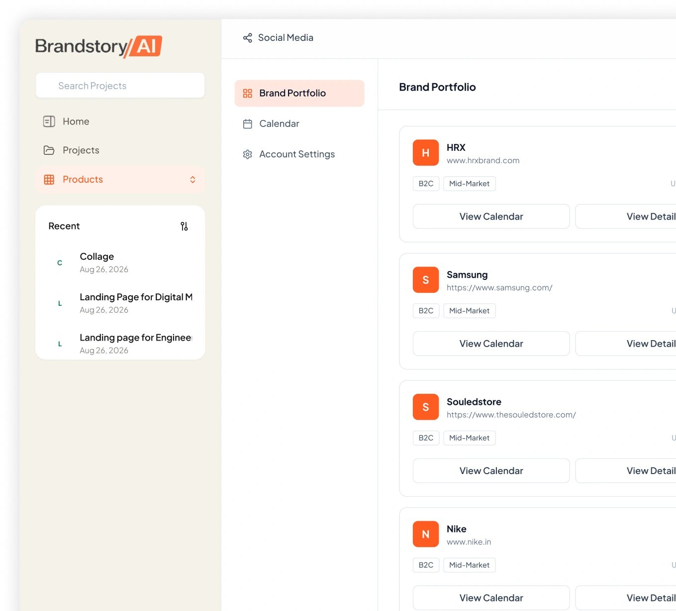 Social Media AI interface showing brand portfolio and calendar management